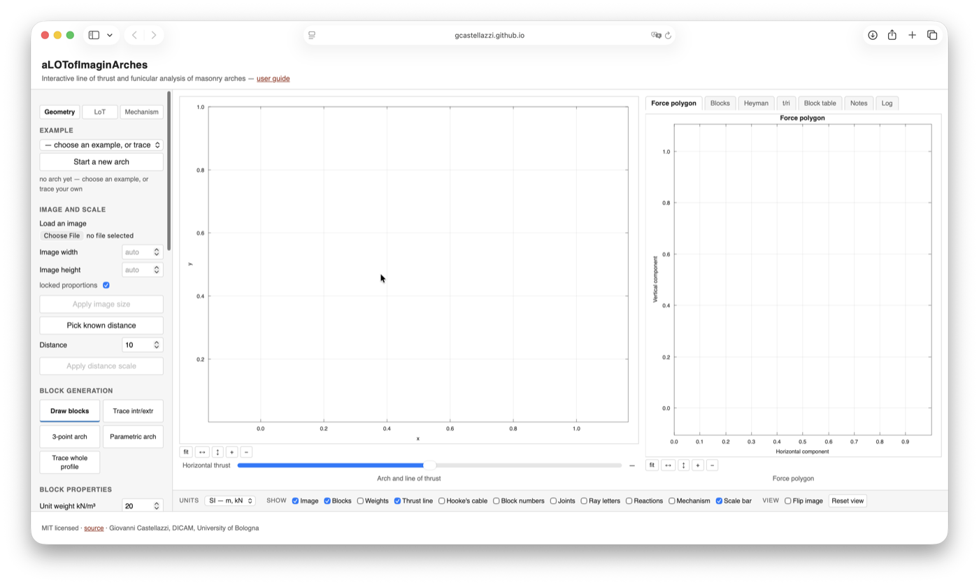 The application running, with the tool panel on the left, the arch in the middle
                  and the second view on the right